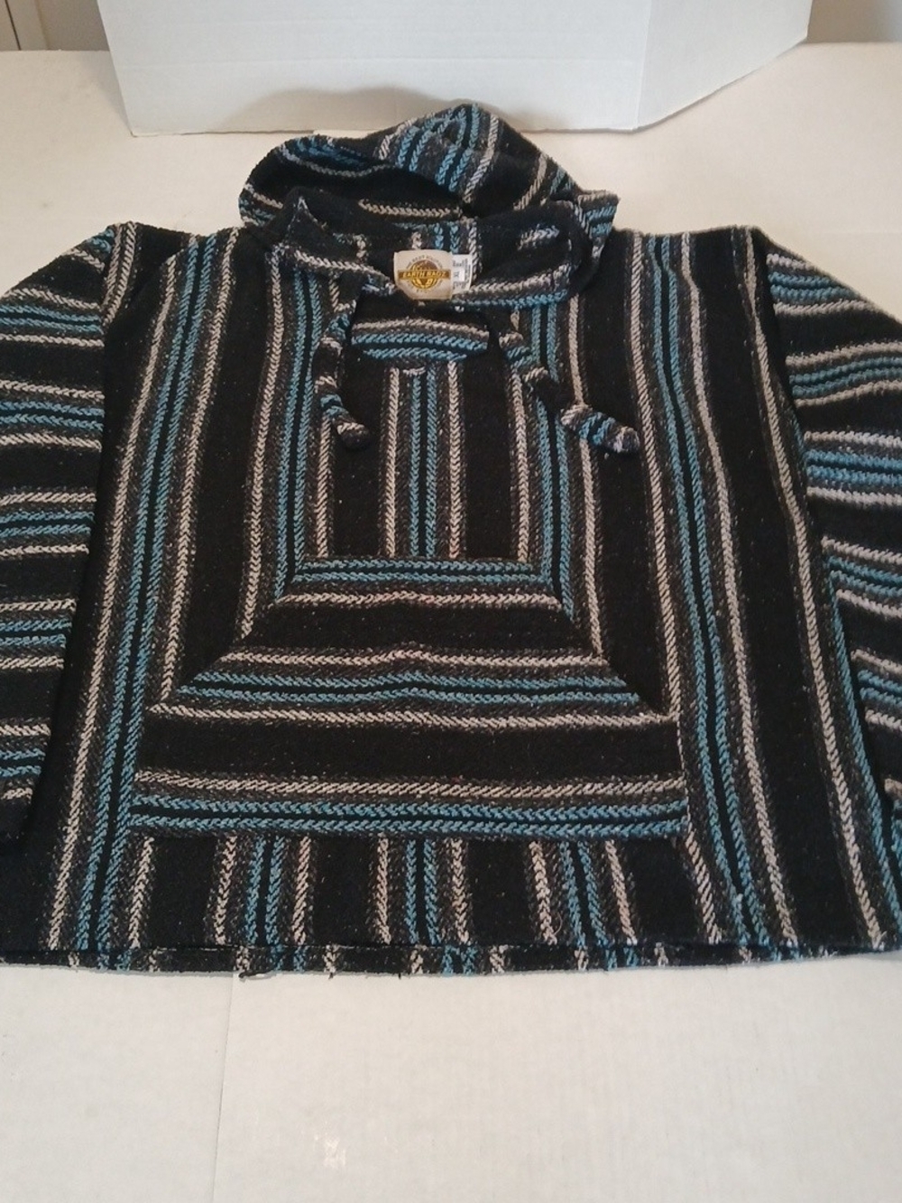 VTG Earth Ragz Striped Baja Hooded Sweatshirt Pullover Black/Teal Pouch Men-XLG